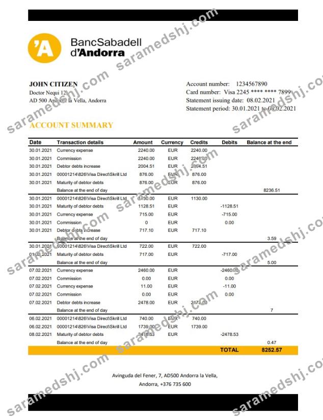 Andorra BancSabadell d’Andorra bank statement template in Excel and PDF format